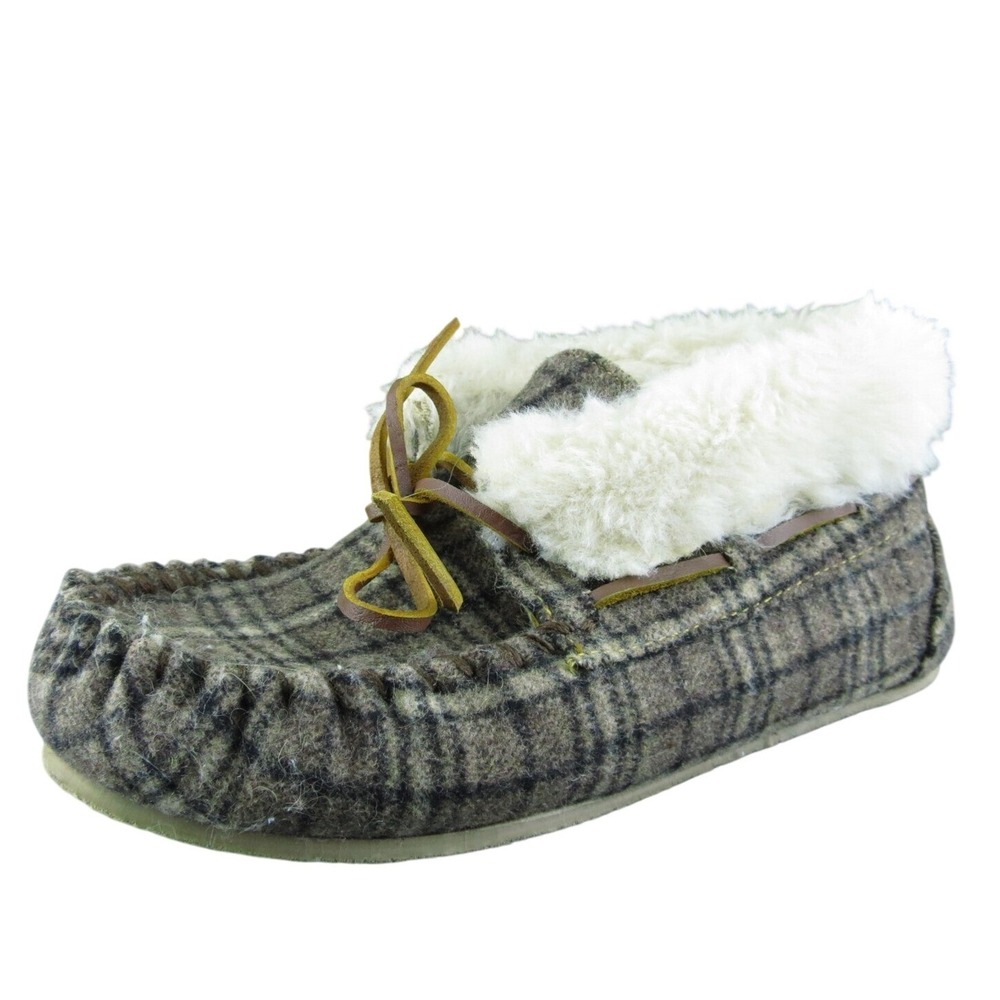 Minnetonka Moccasin Women Shearling Style Boots‎ Brown Fabric Lace Up Size 5 Med